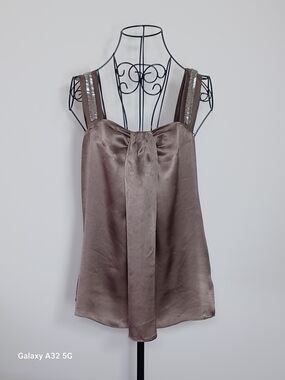 Zara 100% Silk Taupe Satin Tank Top Embellished Beaded Straps Size S